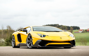 Желтый быстрый автомобиль Lamborghini Aventador Novitec Torado LP 750-4