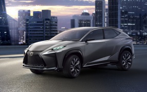 Silver crossover Lexus LF-NX on a city background