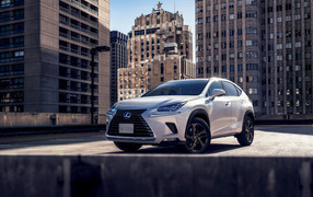 White car Lexus NX 300h, 2018 on the background of houses