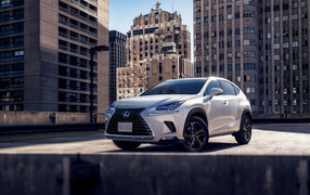 Белый автомобиль  Lexus NX 300h, 2018 на фоне домов