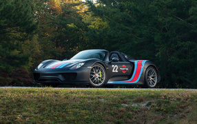 Sports car Porsche 918 Spyder Weissach Package with the logo Martini Racing