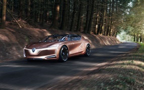 Коричневый электромобиль  Renault Symbioz на дороге в лесу