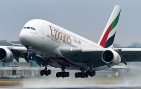 The Airbus A380 Emirates airline takes off 