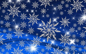 Bright stars and white snowflakes on a blue background