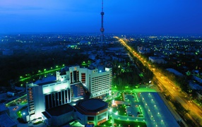 View of Tashkent and Tashkent Tower at dusk 