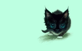 Маленький нарисованный черный котенок  с большими зелеными глазами