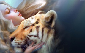 Красивая молодая девушка с тигром