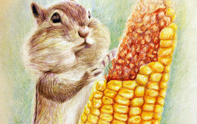Нарисованный бурундук с кукурузой