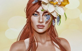 Нарисованная рыжеволосая девушка с большим цветком в волосах