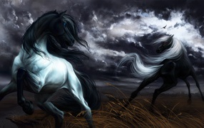 Две нарисованные черные лошади скачут под грозовым небом