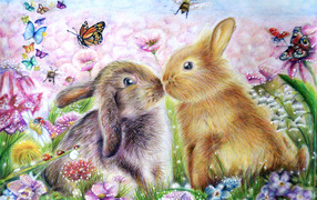 Два нарисованных кролика с бабочками