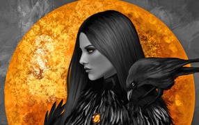 Девушка с желтыми глазами и вороном на плече на фоне большой луны 