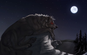 Большой черный волк на камне под луной