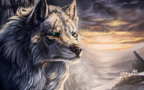 Большой фантастический волк с зелеными глазами