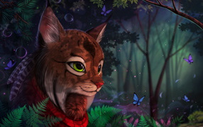 Фантастическая волшебная рысь в лесу с бабочками