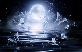 Фантастические неоновые голубые бабочки на фоне луны