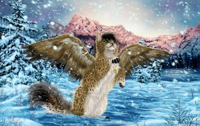 Волшебный кот с крыльями в зимнем лесу, фэнтези