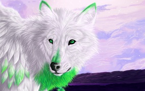 Белый волк с зелеными глазами