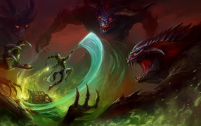 Женщина воин сражается с драконами фэнтези