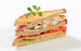 Аппетитный сэндвич с овощами на белом фоне