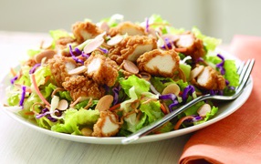 Chicken salad with nuts and cabbage on a plate