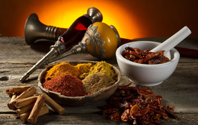 Spicy spices, red pepper and cinnamon on the table