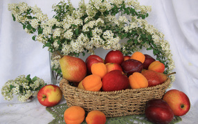 Свежие яблоки, груши, сливы и абрикосы в плетеной корзине на столе с белыми цветами
