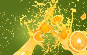 Pieces of orange in a spray of juice on a green background