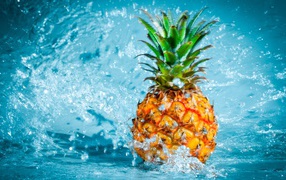 Pineapple in water on a blue background
