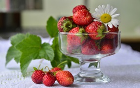 Ripe red strawberries in a glass vase on a table