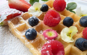 Waffle with fruit and powdered sugar