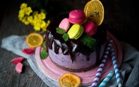 A berry mousse cake with chocolate is decorated with macaroons