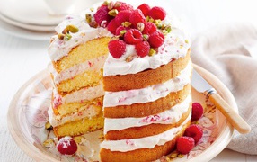 Большой торт со свежей малиной и фисташками