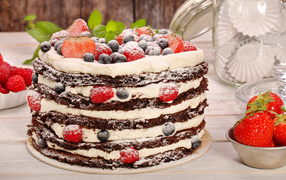 Appetizing cake with cream and berries sprinkled with powdered sugar