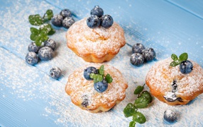 Appetizing cupcakes with powdered sugar and blueberries