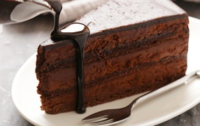 Вкусный торт на белой тарелке с шоколадом