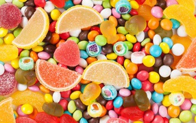 Multicolored candy with marmalade closeup