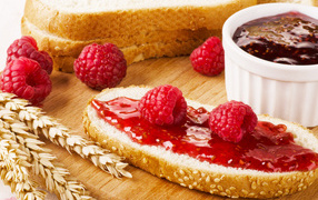 Slice of white bread with raspberry jam 