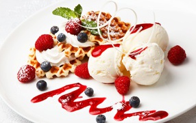 Vanilla ice cream with waffles and fresh fruit
