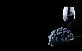 Гроздь синего винограда с бокалом красного вина на черном фоне