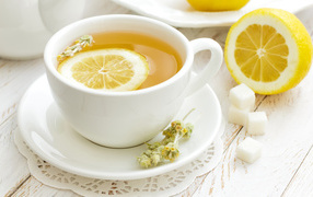 Green tea with lemon in a white cup