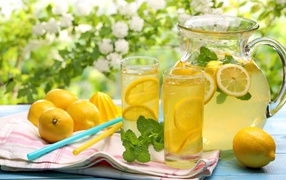 Pitcher and two glasses of lemonade with fresh lemons