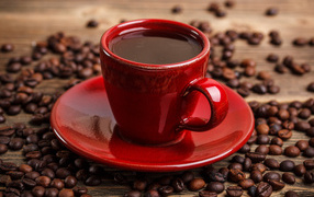 Красная чашка кофе на блюдце с кофейными зернами