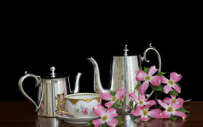 Teapots with a cup with flowers on a table on a black background