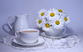 Белая чашка какао на столе с кувшином и белыми ромашками