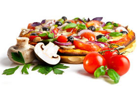 Appetizing pizza with fresh mushrooms and tomatoes on a white background