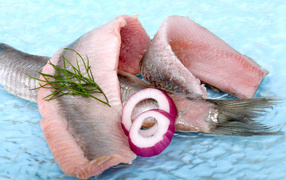 Herring fillets with onion rings and dill greens