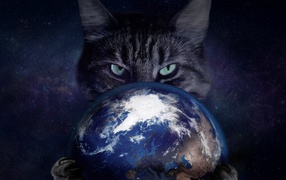 Коварный серый кот с планетой Земля в лапах 