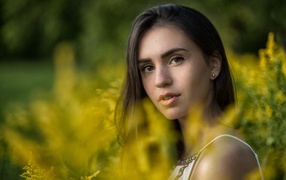 Красивая девушка с нежным взглядом сидит у желтых цветов