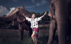 Красивая девушка азиатка с двумя большими слонами